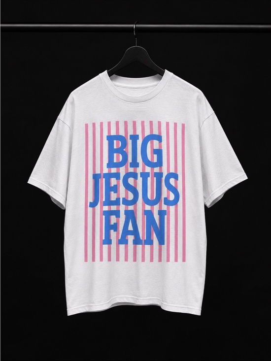 Tops - Big Jesus Fan Adult White Tee with Pink Stripes and Blue Print